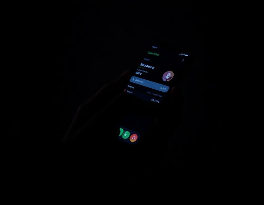 Tangan memegang ponsel dengan layar menyala di ruangan gelap